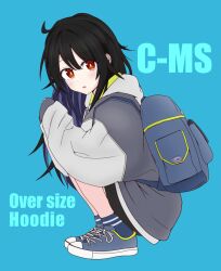 Rule 34 | 1girl, alternate costume, bag, c-ms (girls&#039; frontline), character name, girls&#039; frontline, gotoo, highres, jacket, long hair, looking at viewer, mole, mole under eye, red eyes, shoes, sneakers, squatting