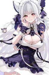 Rule 34 | 1girl, azur lane, breasts, cheshire (azur lane), cheshire (azur lane) (cosplay), chibi, cleavage, cosplay, grey hair, highres, large breasts, long hair, looking at viewer, marseillaise (azur lane), red eyes, simple background, solo, yamaha tsui