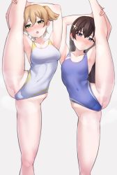 Rule 34 | 2girls, absurdres, armpits, arms up, bare arms, bare legs, bare shoulders, black hair, blue eyes, blue one-piece swimsuit, blush, breasts, closed mouth, collarbone, commentary request, commission, competition swimsuit, covered navel, daiba nana, feet out of frame, green eyes, green ribbon, grey background, groin, hair between eyes, hair ornament, hands on own leg, heavy breathing, highleg, highleg swimsuit, highres, kagura hikari, leg up, light brown hair, long hair, medium breasts, multiple girls, nasuno (nasuno42), nose blush, one-piece swimsuit, open mouth, raised eyebrows, ribbon, short hair, short twintails, shoujo kageki revue starlight, side-by-side, simple background, skeb commission, small breasts, sparkle hair ornament, split, standing, standing on one leg, standing split, steaming body, sweat, swimsuit, teeth, twintails, upper teeth only, white one-piece swimsuit