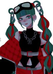 Rule 34 | 1girl, 39, aqua hair, bare shoulders, black leotard, blue eyes, blunt bangs, chain, chain necklace, closed mouth, clothing cutout, detached hair, earrings, goggles, goggles on head, hair rings, hatsune miku, highres, hip vent, jacket, jewelry, leotard, magical mirai (vocaloid), magical mirai miku, magical mirai miku (2023), navel cutout, necklace, open clothes, open jacket, red lips, simple background, solo, split mouth, vocaloid, white background, yuzuha takamura