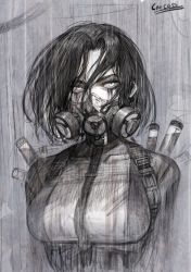 Rule 34 | 1girl, absurdres, black hair, cable, carcass (artist), collarbone, covered collarbone, gas mask, greyscale, hair between eyes, highres, huge filesize, liquid, makeup, mascara, mask, monochrome, mouth mask, original, science fiction, short hair, signature, sketch, solo, upper body, vial, white eyes