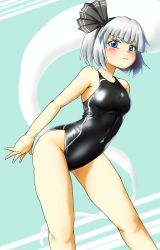 Rule 34 | 1girl, :&lt;, black one-piece swimsuit, blue eyes, blunt bangs, bob cut, breasts, commentary request, competition swimsuit, d-m (dii emu), feet out of frame, highres, konpaku youmu, konpaku youmu (ghost), looking at viewer, medium breasts, one-piece swimsuit, short hair, silver hair, solo, standing, swimsuit, touhou