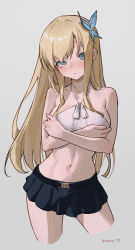 Rule 34 | 1girl, absurdres, artist name, bare shoulders, belt, black skirt, blonde hair, blue eyes, blush, boku wa tomodachi ga sukunai, breasts, butterfly hair ornament, camisole, covering privates, covering breasts, crop top, cropped legs, grey background, hair ornament, highres, kashiwazaki sena, long hair, looking at viewer, medium breasts, midriff, miniskirt, navel, simple background, skirt, solo, sooon