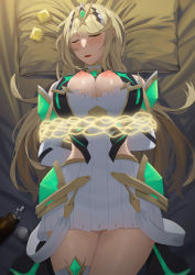 Rule 34 | 1girl, arms behind back, bare shoulders, black bean, blonde hair, blush, breasts, chest jewel, cleavage cutout, closed eyes, clothing cutout, commission, condom, condom wrapper, dress, drugged, drugs, earrings, elbow gloves, gloves, highres, jewelry, large breasts, long hair, lying, mythra (xenoblade), nipples, on back, open mouth, pillow, pixiv commission, restrained, short dress, sleeping, swept bangs, thigh strap, thighs, tiara, white dress, white gloves, xenoblade chronicles (series), xenoblade chronicles 2