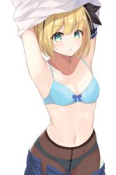 Rule 34 | 1girl, absurdres, armpits, arms up, black pantyhose, black ribbon, blonde hair, blue bra, blue panties, blue skirt, bob cut, bow, bow bra, bow panties, bra, breasts, clothes lift, clothes pull, cowboy shot, green eyes, hair ribbon, highres, lifting own clothes, looking at viewer, navel, open clothes, open skirt, original, panties, pantyhose, parted lips, pleated skirt, ribbon, salve (lindasakura), school uniform, shirt, shirt lift, short hair, simple background, skirt, skirt pull, small breasts, solo, standing, underwear, undressing, white background, white shirt