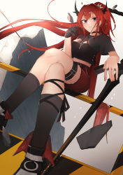 Rule 34 | 1girl, absurdres, arknights, belt, black belt, black footwear, black gloves, black shirt, black skirt, black socks, breasts, casual, chalos, cropped shirt, cross, cross necklace, demon horns, dutch angle, feet out of frame, gloves, hair between eyes, hair intakes, highres, horns, jewelry, long hair, midriff, necklace, official alternate costume, ponytail, purple eyes, red hair, red skirt, ring, shirt, shoes, short sleeves, single glove, sitting, skirt, small breasts, socks, solo, surtr (arknights), surtr (liberte echec) (arknights), t-shirt, thigh strap, very long hair