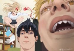 Rule 34 | 1girl, 2boys, black hair, blonde hair, blue eyes, blurry, blurry foreground, chainsaw man, close-up, denji (chainsaw man), earrings, hayakawa aki, highres, horns, jewelry, jumping, looking afar, looking at viewer, looking to the side, medium hair, meme, motion blur, multiple boys, open mouth, photo-referenced, pocketbee, power (chainsaw man), red horns, sharp teeth, shelf, shirt, short hair, sticky hand, stud earrings, teeth, topknot, twitter username, white shirt, yellow eyes