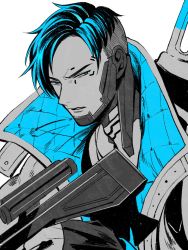 Rule 34 | 1boy, animification, apex legends, blue eyes, blue hair, crypto (apex legends), gun, highres, holding, holding gun, holding weapon, jacket, jewelry, looking to the side, male focus, monochrome, mozuwaka, necklace, parted hair, parted lips, rifle, sniper rifle, solo, spot color, undercut, upper body, weapon, white background