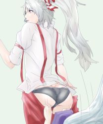Rule 34 | 2girls, ass, assisted exposure, bad id, bad pixiv id, black panties, bow, clothes pull, female focus, from behind, fujiwara no mokou, hair bow, hat, kamishirasawa keine, long hair, multiple girls, panties, pants, pants pull, pantsing, ponytail, pulling another&#039;s clothes, red eyes, silver hair, simple background, somsom, suspenders, touhou, trefoil, underwear