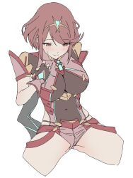 Rule 34 | 1girl, black gloves, blush, breasts, chest jewel, covered navel, fingerless gloves, gloves, highres, kame 0 0 kame, large breasts, looking down, pyra (xenoblade), red eyes, red hair, red shorts, short hair, short shorts, shorts, solo, spread legs, swept bangs, tiara, xenoblade chronicles (series), xenoblade chronicles 2