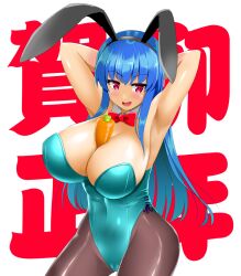 Rule 34 | 1girl, alternate breast size, alternate costume, animal ears, armpits, arms behind head, arms up, blue hair, blue leotard, blush, bow, bowtie, breasts, brown pantyhose, carrot, cleavage, commentary request, contrapposto, covered navel, cowboy shot, detached collar, fake animal ears, food between breasts, highres, hinanawi tenshi, honda takaharu, huge breasts, leotard, long hair, looking to the side, open mouth, pantyhose, playboy bunny, rabbit ears, red bow, red bowtie, red eyes, smile, solo, strapless, strapless leotard, touhou, white background