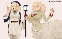 Rule 34 | blonde hair, blood, blood stain, body fur, breasts, chimera, closed eyes, dual persona, dungeon meshi, falin touden, falin touden (chimera), falin touden (tallman), feathers, flytrapxx, hat, highres, large breasts, mage staff, monster girl, open mouth, parted lips, short hair, smile, spoilers, staff, waving, white feathers, wide sleeves