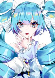 Rule 34 | 1girl, absurdres, aqua eyes, bad id, bad twitter id, bare shoulders, blue hair, drill hair, earrings, hatsune miku, highres, jewelry, long hair, long sleeves, looking at viewer, mikaduki 3636, open mouth, red pupils, ringed eyes, simple background, solo, upper body, vocaloid, white background, yuki miku, yuki miku (2019)
