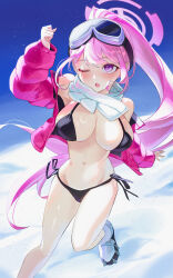 Rule 34 | absurdres, bikini, black bikini, blue archive, breasts, coat, commentary, eimi (blue archive), eimi (swimsuit) (blue archive), goggles, goggles on head, halo, highres, jun9, large breasts, long hair, navel, official alternate costume, one eye closed, open mouth, pink coat, pink hair, pink halo, ponytail, purple eyes, scarf, shoes, side-tie bikini bottom, swimsuit, thighs, white footwear, white scarf