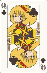 Rule 34 | 1girl, akita neru, blonde hair, card, club (shape), crown, facial tattoo, half-closed eyes, highres, holding, holding stick, looking at viewer, playing card, popsicle stick, queen (playing card), queen of clubs, reflection, smile, smith hioka, solo, stick, symmetry, tattoo, upper body, vocaloid, white background