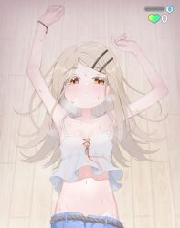 Rule 34 | 1girl, :o, armpits, arms up, blue shorts, blush, breath, camisole, collarbone, colored eyelashes, crop top, gakuen idolmaster, groin, highres, idolmaster, light brown hair, looking at viewer, lying, minto yupo, navel, on back, orange eyes, rope belt, shinosawa hiro, shorts, solo, stomach, sweat, white camisole, wooden floor
