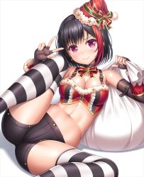 Rule 34 | 1girl, arm warmers, armpits, ass, bang dream!, bare shoulders, black choker, black gloves, black hair, black shorts, blush, bow, bowtie, breasts, buttons, choker, cleavage, closed mouth, collarbone, commentary request, crop top, earrings, elbow gloves, feet out of frame, fingerless gloves, glint, gloves, gold trim, hands up, hat, holding, holding sack, jewelry, knee up, lace, lace-trimmed gloves, lace trim, lambda (kusowarota), looking at viewer, medium breasts, midriff, mitake ran, multicolored hair, navel, presenting, reclining, red bow, red bowtie, red eyes, red hair, red hat, red shirt, sack, santa hat, shadow, shirt, short hair, short shorts, shorts, sidelocks, simple background, sleeveless, sleeveless shirt, smile, solo, star (symbol), star earrings, stomach, streaked hair, striped clothes, striped thighhighs, thighhighs, thighs, w, white background, white thighhighs