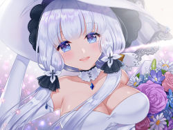 Rule 34 | 1girl, armlet, azur lane, bare shoulders, blue eyes, blue gemstone, blush, bouquet, breasts, choker, cleavage, dress, elbow gloves, floating hair, flower, gem, gloves, hair ornament, hair ribbon, hand on headwear, hat, holding, holding bouquet, illustrious (azur lane), jewelry, lace-trimmed hat, lace trim, large breasts, light particles, long hair, looking at viewer, low twintails, mole, mole under eye, naomi (fantasia), open mouth, pendant, ribbon, sidelocks, smile, solo, sparkle, strapless, strapless dress, sun hat, tareme, tress ribbon, twintails, white dress, white gloves, white hair, wind