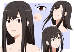 Rule 34 | 1girl, :d, bare shoulders, black hair, blush, border, brown eyes, clenched teeth, closed eyes, closed mouth, commentary, expressions, hall onon, long hair, looking at viewer, multiple views, munehisa maya (hall onon), nude, open mouth, original, portrait, smile, swept bangs, teeth, white border
