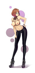 Rule 34 | 1girl, absurdres, black footwear, black pants, blue eyes, boots, bra, breasts, brown hair, closed mouth, cupless bra, dulapda, full body, glasses, hand on own hip, hand on own thigh, high heels, highres, leaning forward, lips, looking back, medium breasts, navel, nipples, original, pants, platform footwear, short hair, solo, standing, taut clothes, taut pants, tight clothes, tight pants, underwear