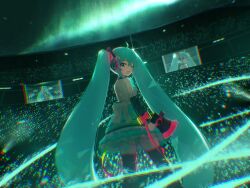 Rule 34 | 1girl, ;d, absurdres, backlighting, black sleeves, blue skirt, concert, frilled skirt, frills, glowstick, green eyes, green hair, hair ornament, hair ribbon, hatsune miku, headphones, highres, holding, light particles, long hair, long sleeves, magical mirai (vocaloid), magical mirai miku, magical mirai miku (2018), megaphone, one eye closed, open mouth, patanda, penlight (glowstick), ribbon, shirt, skirt, sky, sleeveless, sleeveless shirt, sleeves past wrists, smile, solo, star (sky), starry sky, twintails, very long hair, white shirt