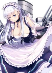 Rule 34 | 1girl, apron, azur lane, belfast (azur lane), blue eyes, braid, breasts, chain, cleavage, collar, curtsey, dress, elbow gloves, eyes visible through hair, frilled apron, frilled dress, frilled gloves, frills, gloves, koruta (nekoimo), large breasts, leaning forward, long hair, looking at viewer, machinery, maid, maid apron, maid headdress, silver hair, smile, solo, turret
