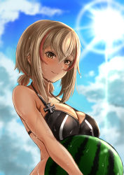 Rule 34 | 1girl, azur lane, ball, bare shoulders, beachball, bikini, black bikini, blonde hair, blue sky, blurry, blurry background, blush, breasts, brown eyes, chushou wang, cloud, cross, day, dya, hair between eyes, highres, holding, holding ball, iron cross, large breasts, looking at viewer, low twintails, multicolored hair, outdoors, red hair, roon (azur lane), short hair, sky, smile, solo, streaked hair, sunlight, swimsuit, twintails, wet