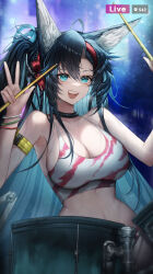 Rule 34 | 1girl, :d, absurdres, animal ear fluff, animal ears, arknights, bare shoulders, black hair, blaze (arknights), blue hair, breasts, cleavage, collarbone, commentary request, drum, drumsticks, green eyes, hair between eyes, hands up, highres, holding, holding drumsticks, instrument, large breasts, long hair, looking at viewer, multicolored hair, navel, onedr, open mouth, round teeth, smile, solo, sweat, teeth, two-tone hair, upper teeth only, very long hair