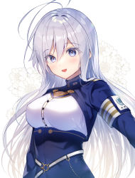 Rule 34 | 1girl, 86 -eightysix-, :d, antenna hair, armband, blue eyes, blue jacket, blush, breasts, commentary request, floral background, gyozanuko, hair between eyes, highres, jacket, long hair, long sleeves, medium breasts, open mouth, shirt, silver hair, simple background, smile, solo, upper body, very long hair, vladilena millize, white background, white shirt