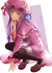 Rule 34 | 1girl, blue bow, blunt bangs, bow, brown footwear, capelet, crescent, crescent hat ornament, dress, frilled capelet, frills, hair bow, hat, hat ornament, long sleeves, looking at viewer, mob cap, patchouli knowledge, pink capelet, pink dress, pink hat, puffy long sleeves, puffy sleeves, purple eyes, purple hair, ram hachimin, red bow, solo, touhou