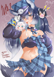 Rule 34 | 3girls, adapted costume, alternate costume, angry, animal ears, aqua eyes, arctic wolf (kemono friends), arm up, armpits, bare shoulders, black hair, blue bow, blue bowtie, blue eyes, blue hair, blush stickers, bow, bowtie, bra, breasts, brown eyes, character name, chibi, chiki yuuko, closed mouth, collar, detached sleeves, dire wolf (kemono friends), empty eyes, eyelashes, fang, fang out, fur collar, garter straps, gloves, green hair, grey hair, grey necktie, grey wolf (kemono friends), hair between eyes, halloween costume, hand on headwear, heterochromia, japari symbol, kemono friends, light smile, lips, long hair, looking at viewer, medium breasts, microskirt, mini person, minigirl, multicolored hair, multiple girls, navel, necktie, no shirt, open fly, open mouth, orange eyes, parted lips, plaid, plaid bow, plaid bowtie, plaid necktie, plaid neckwear, plaid skirt, size difference, skirt, solo focus, spiked collar, spikes, stomach, strapless, strapless bra, tail, thighhighs, torn clothes, torn skirt, twisted torso, two-tone hair, unbuttoned, underwear, v-shaped eyebrows, white hair, wolf ears, wolf girl, wolf tail, zettai ryouiki