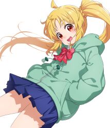 Rule 34 | 1girl, ahoge, blonde hair, blue skirt, blush, bocchi the rock!, bow, bowtie, cowboy shot, green hoodie, highres, hood, hoodie, ijichi nijika, long hair, long sleeves, looking at viewer, onsoku inu, open mouth, pleated skirt, polka dot, polka dot bow, red bow, red bowtie, red eyes, side ponytail, simple background, skirt, smile, solo, white background