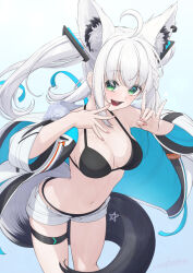 1girl ahoge animal_ear_fluff animal_ears artist_name bikini blush braid breasts cleavage commentary_request earrings extra_ears fox_ears fox_girl fox_shadow_puppet fox_tail green_eyes gunknown hair_between_eyes highres hololive jacket jewelry long_hair looking_at_viewer medium_breasts navel open_clothes open_jacket open_mouth pentagram shirakami_fubuki shirakami_fubuki_(fubukitek) short_shorts shorts sidelocks simple_background single_braid smile solo swimsuit tail thigh_strap twintails virtual_youtuber white_background white_hair white_jacket white_shorts