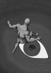 Rule 34 | 1boy, barefoot, commentary request, completely nude, disembodied eye, eye focus, eyeball, from above, graphite (medium), greyscale, highres, horror (theme), jumping, kudarana10, male focus, monochrome, muscular, muscular male, nude, original, simple background, solo, surreal, toes, traditional media
