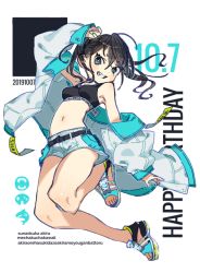 Rule 34 | 1girl, aqua footwear, aqua jacket, aqua shorts, text background, belt, black belt, black eyes, black sports bra, breasts, bright pupils, character name, commentary, controller, dated, english text, floating, full body, game controller, grin, happy birthday, highres, idolmaster, idolmaster cinderella girls, jacket, legs up, long hair, long sleeves, looking at viewer, mole, mole under eye, navel, off shoulder, oimo (14sainobba), open clothes, open jacket, romaji text, sandals, shark, sharp teeth, short shorts, shorts, small breasts, smile, solo, sports bra, sunazuka akira, teeth, translation request, twintails, white pupils