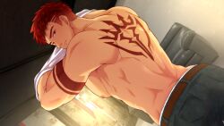 Rule 34 | 1boy, arm tattoo, ass, back tattoo, bara, belt, closed mouth, collaboration, couch, derek kingsfield, highres, indoors, jock studio (blits games), looking at viewer, male focus, mikkoukun, muscular, muscular male, nipples, non-web source, official art, pants, pectorals, red hair, shirt, solo, tattoo, undressing, variant set, white shirt, zamius
