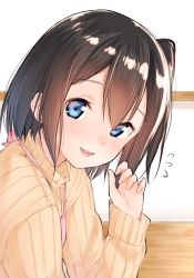 Rule 34 | 1girl, apron, blue eyes, blush, brown hair, commentary request, flying sweatdrops, from side, highres, long sleeves, looking at viewer, looking to the side, one side up, original, pink apron, smile, solo, suzunari shizuku, sweater, yellow sweater, yuki arare