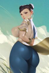 Rule 34 | 1girl, absurdres, ass, black hair, bracelet, breasts, brown eyes, capcom, chinese clothes, chun-li, double bun, earrings, hair bun, highres, jewelry, large breasts, pants, pelvic curtain, red lips, short sleeves, side slit, solo, spiralnoww1, street fighter, tight clothes, tight pants