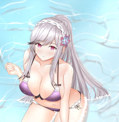Rule 34 | 1girl, absurdres, azur lane, bikini, blue butterfly, braid, breasts, bug, butterfly, butterfly hair ornament, crown braid, dunkerque (azur lane), dunkerque (summer sucre) (azur lane), front-tie bikini top, front-tie top, grey hair, hair ornament, highres, huge filesize, insect, large breasts, long hair, looking at viewer, ponytail, purple bikini, purple eyes, sitting, solo, swimsuit, water, woon