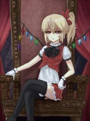 Rule 34 | 1girl, alternate costume, bad id, bad pixiv id, black thighhighs, blonde hair, bow, chair, crossed legs, embodiment of scarlet devil, female focus, flandre scarlet, gloves, hair bow, highres, lace, lace-trimmed skirt, lace trim, miniskirt, no headwear, no headwear, ragecndy, red eyes, red skirt, short hair, short sleeves, side ponytail, sitting, skirt, skirt set, skull, solo, thighhighs, touhou, white gloves, wings