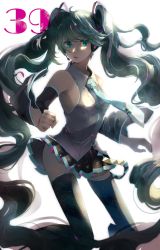 Rule 34 | 1girl, 39, aqua eyes, backlighting, bad id, bad pixiv id, detached sleeves, green hair, hatsune miku, headset, highres, kneeling, long hair, necktie, puumo (pumomo-climax), skirt, solo, thighhighs, twintails, very long hair, vocaloid, white background