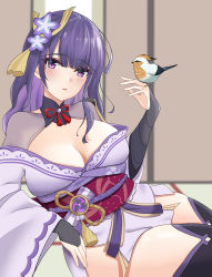 Rule 34 | 1girl, armor, bird, bird on hand, black thighhighs, blurry, blurry background, blush, breasts, bridal gauntlets, cleavage, commentary request, floral print, flower, genshin impact, hair ornament, highres, japanese clothes, kimono, large breasts, long hair, long sleeves, looking at viewer, mole, mole under eye, obi, obiage, obijime, open mouth, purple eyes, purple flower, purple hair, purple thighhighs, raiden shogun, ribbon, sash, shoulder armor, solo, tassel, thighhighs, wide sleeves, yuuki atori