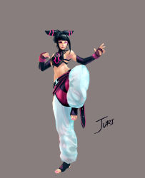Rule 34 | 1girl, baggy pants, bare shoulders, barefoot, capcom, drill hair, elbow sleeve, feet, fighting stance, fingerless gloves, gloves, glowing, glowing eye, grey background, halterneck, halterneck, han juri, midriff, muthass-8th, nail polish, navel, painting (action), pants, pink nails, purple eyes, simple background, solo, street fighter, street fighter iv (series), toeless legwear, toenail polish, toenails, toes, twin drills