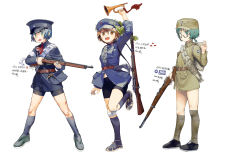 Rule 34 | 1girl, :o, absurdres, ammunition, ammunition belt, ammunition pouch, asymmetrical legwear, backpack, bag, bandages, belt, bike shorts, black footwear, blue hair, blue hat, blue legwear, bolt action, brown eyes, brown hair, china, chinese army, closed mouth, full body, gewehr 88, glasses, green eyes, green hair, green hat, gun, hair between eyes, hat, highres, holding, holding gun, holding instrument, holding weapon, holster, holstered, instrument, long sleeves, looking at viewer, mauser 98, military, military hat, military uniform, military vehicle, open mouth, original, ponytail, pouch, rifle, sandals, shoes, short hair, simple background, solo, trumpet, uneven legwear, uniform, weapon, white background, zhongye yu