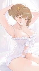 1girl absurdres adjusting_hair anis_(nikke) arms_up babydoll bare_arms blush breasts brown_eyes brown_hair cleavage collarbone commentary_request curtains g_rimp16533 goddess_of_victory:_nikke hair_intakes hair_ornament highres large_breasts looking_at_viewer panties short_hair sitting smile solo thighs underwear white_babydoll white_panties