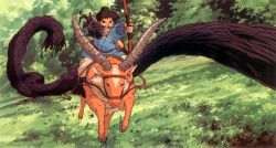 Rule 34 | 1990s (style), 1boy, animal, arrow (projectile), ashitaka, blue shirt, bow (weapon), brown hair, deer, demon, elk, forest, grass, highres, horns, male focus, miyazaki hayao, mononoke hime, monster, nature, quiver, retro artstyle, riding, shirt, solo, studio ghibli, sword, tentacles, tentacles on male, wallpaper, weapon, yakul