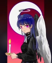 Rule 34 | 1girl, absurdres, artist name, artist request, asymmetrical wings, black choker, black dress, black wings, blue hair, blush, breasts, candle, choker, dress, female focus, hair bun, halo, highres, holding, holding candle, long hair, long sleeves, looking at viewer, love live!, love live! sunshine!!, mismatched wings, moon, parted lips, pink eyes, puffy long sleeves, puffy sleeves, purple eyes, side bun, single hair bun, smile, solo, teeth, tsushima yoshiko, upper body, white neckwear, wings