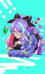 Rule 34 | !, !!, 1girl, anno (bambi1103no), bent over, black bow, black dress, blue background, blue hair, blue jacket, bow, breasts, cherry, cleavage, cleavage cutout, clothing cutout, cup, dress, drill hair, drinking straw, food, fruit, hair bow, highres, jacket, macross, macross delta, medium breasts, mikumo guynemer, multicolored hair, purple hair, solo, streaked hair, twitter username
