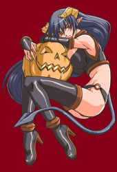 Rule 34 | blue hair, boots, brown eyes, detached sleeves, horns, jack-o&#039;-lantern, pointy ears, pumpkin, solo, tail, thigh boots, thighhighs