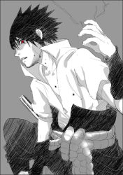 Rule 34 | 1boy, black hair, eichi (kaitou2007), male focus, monochrome, naruto, naruto (series), red eyes, solo, spot color, uchiha sasuke